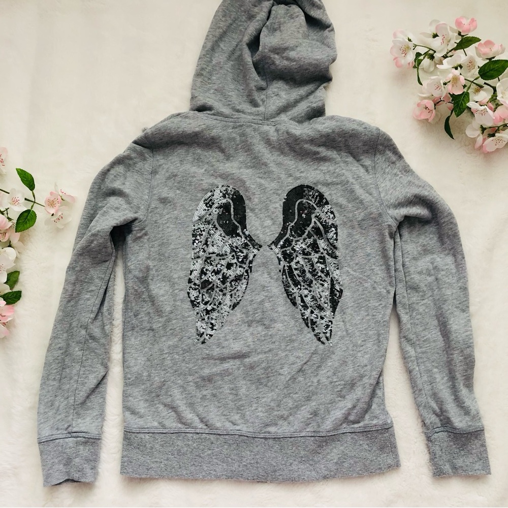 Victoria's Secret Y2K Light Gray Zip-Up Hoodie with Black Sequin Angel Wings, XS